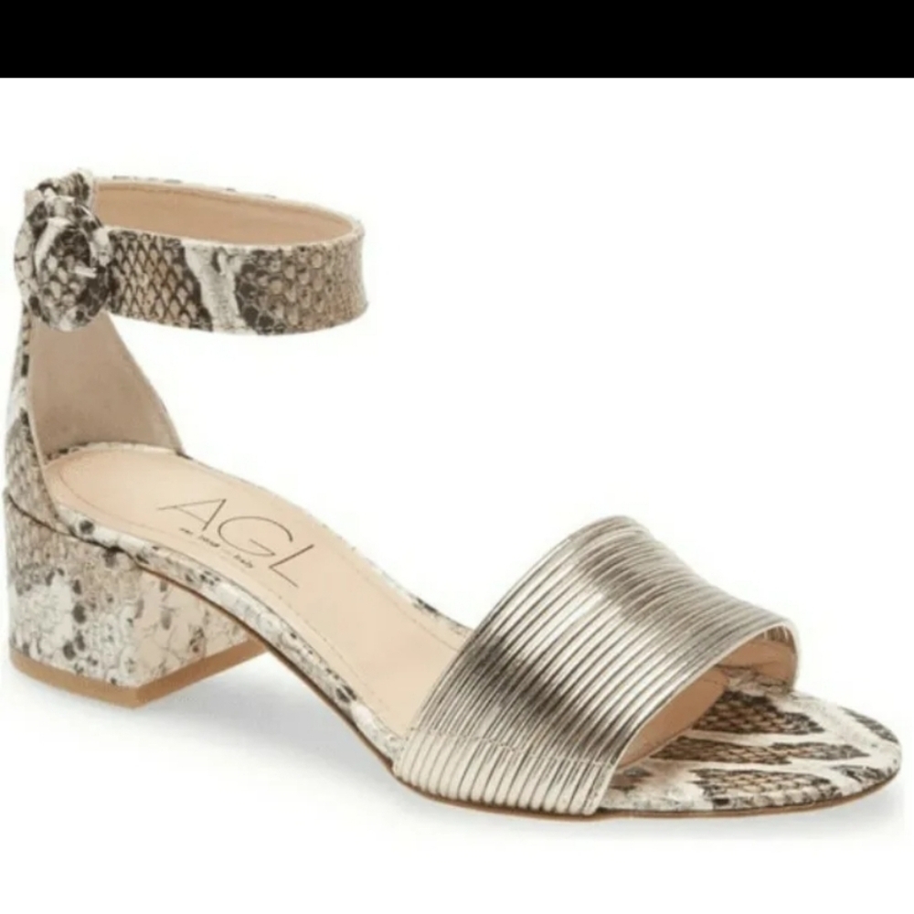 AGL Leather Ankle Strap Sandal Snake/ Metallic Silver Made in Italy Sz 37 NEW